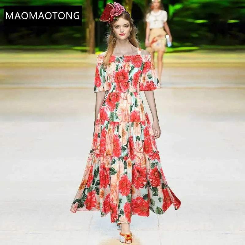 

Fashion Designer Dress Summer Women's Dress Sexy Slash Neck Elastic Waist Floral Print Elegant Vacation Long Dress