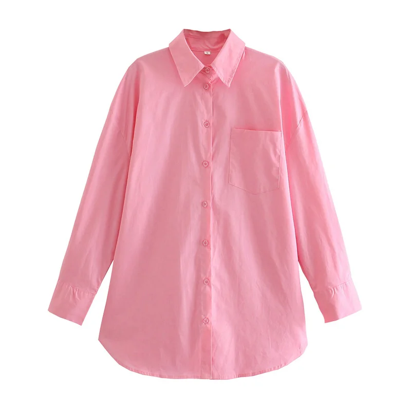 

Spring and autumn women's casual solid color lapel long-sleeved pocket decorated loose shirt