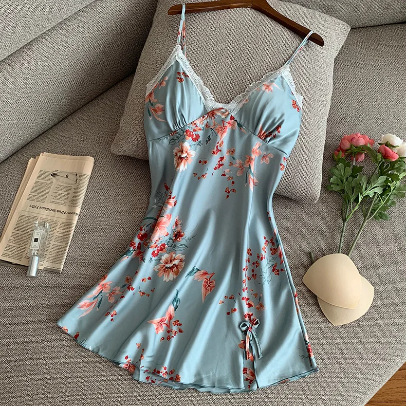 

Satin Lady Spaghetti Strap Nightgown Intimate Lingerie 2021 New Suspender Skirt Print Sleepwear Nightdress Silky Home Clothes