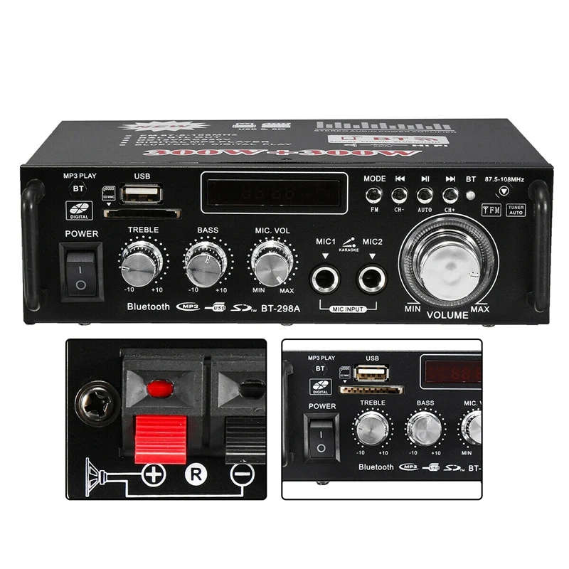 

12V/ 220V BT-298A 2CH ЖК-дисплей Дисплей цифровой Hi-Fi стерео аудио кабель Мощность усилитель Bluetooth FM радио 600 Вт для автомобиля