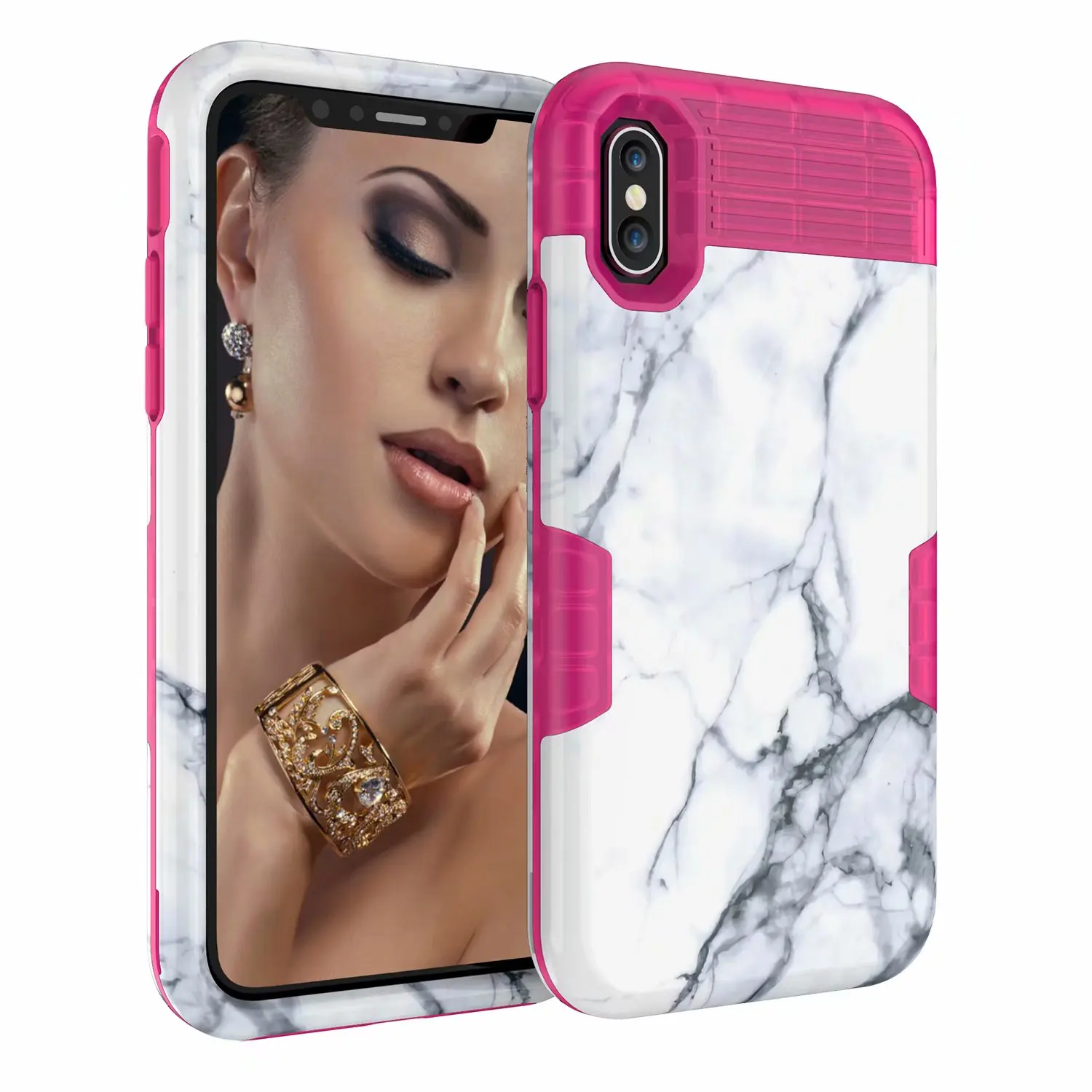 Розово-красный Чехол с мраморным рисунком для Apple iPhone XS Max XR X 8 7 6S 6 Plus пластик+ силикон противоударный милый тройной защитный чехол - Цвет: Розово-красный