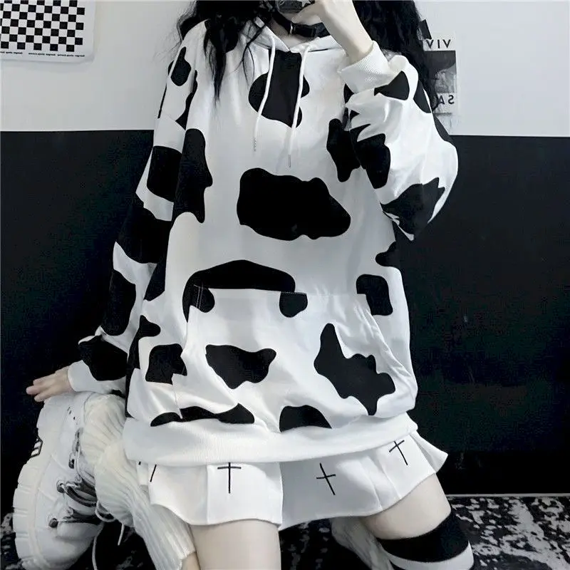

Женская флисовая толстовка с капюшоном, черно-белая свободная Студенческая толстовка с капюшоном, в Корейском стиле, в стиле Харадзюку, Осе...