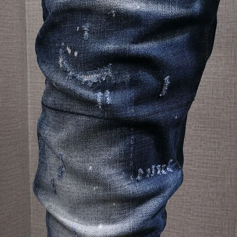 Italian Brand Fashion Men Jeans High Quality Retro Blue Elastic Slim Fit Ripped Jeans Men Distressed Designer Casual Denim Pants