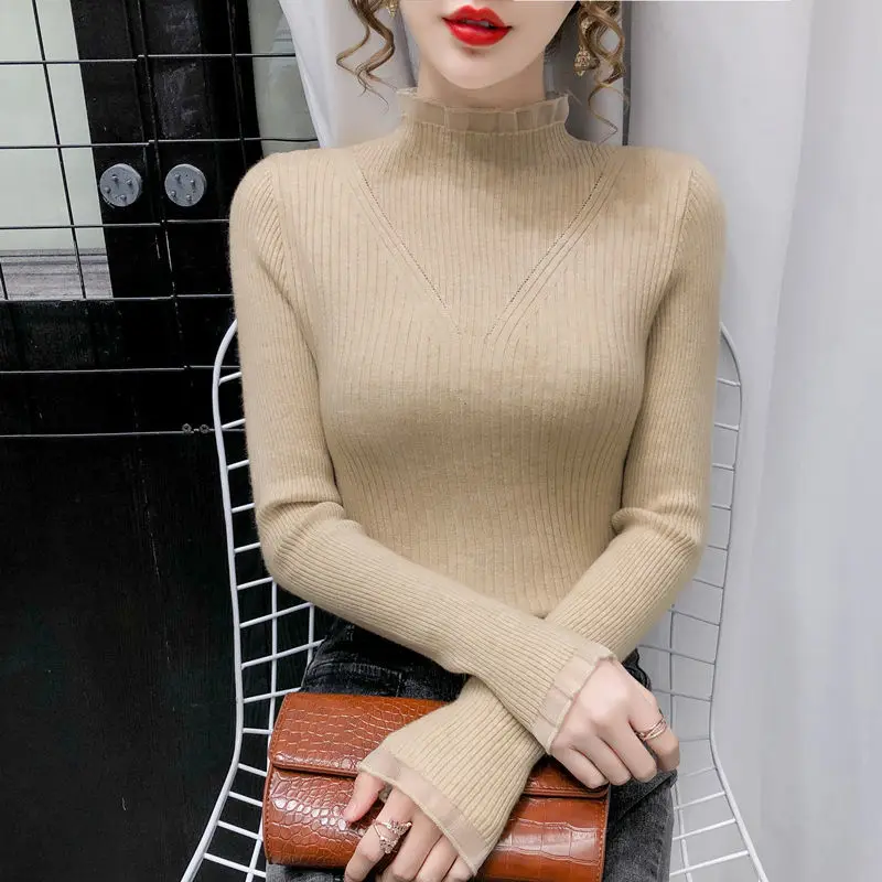 

Women 2021 Autumn Winter New Solid Color Bottoming Tops Female Lace Slim Knitted Tops Ladies Fashion Thicken Warm Tops Q332