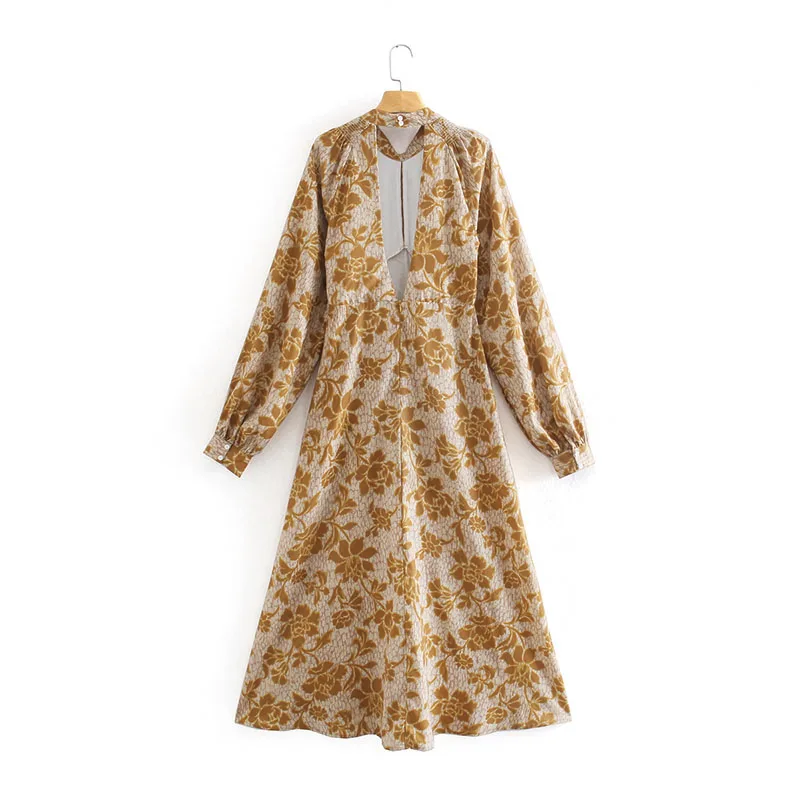 

ZA Printed Midi Slim Dress Summer Pastoral Style Lantern Sleeve Halter Back Hollow Ankle Long One-piece Dress