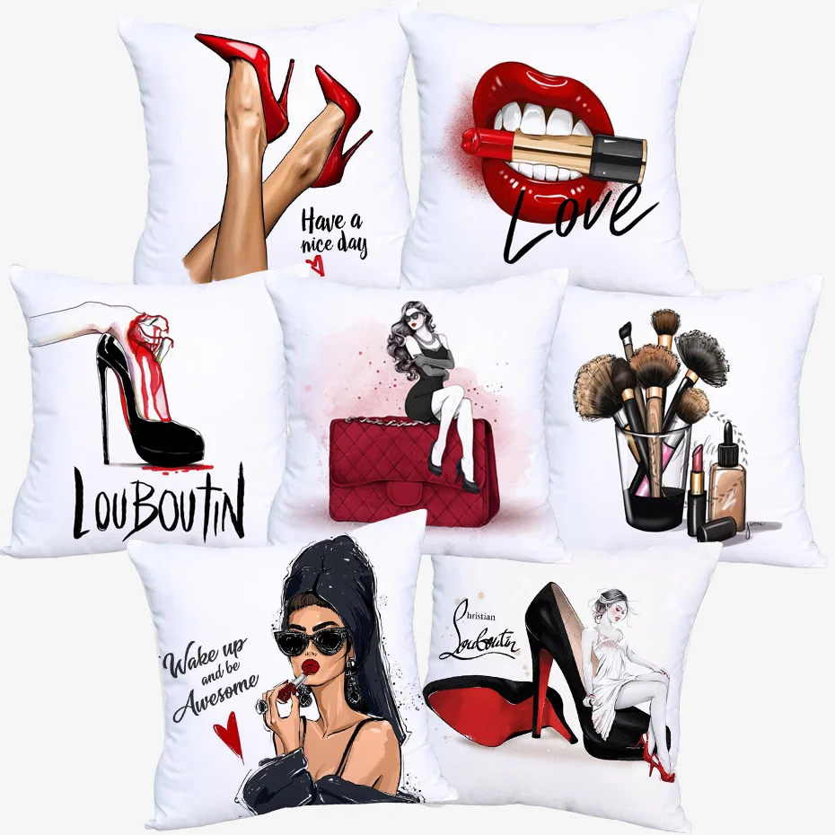 

High Heel Cushion Covers Modern Fashion Lady Red Lips Lipsticks Cushion Cover Home Decorative Polyester Pillow Case Funda Cojín