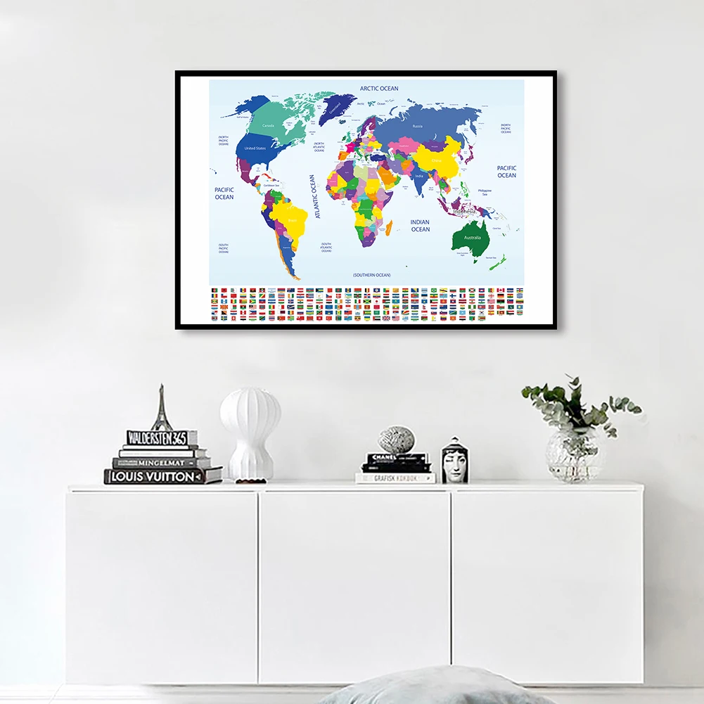 

90*60cm Map of The World with National Flags In English Canvas Painting Wall Posters School Supplies Classroom Home Decor