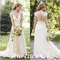 a line wedding dresses v neck sweep brush train lace cap sleeve country romantic illusion detail backless with appliques 2021