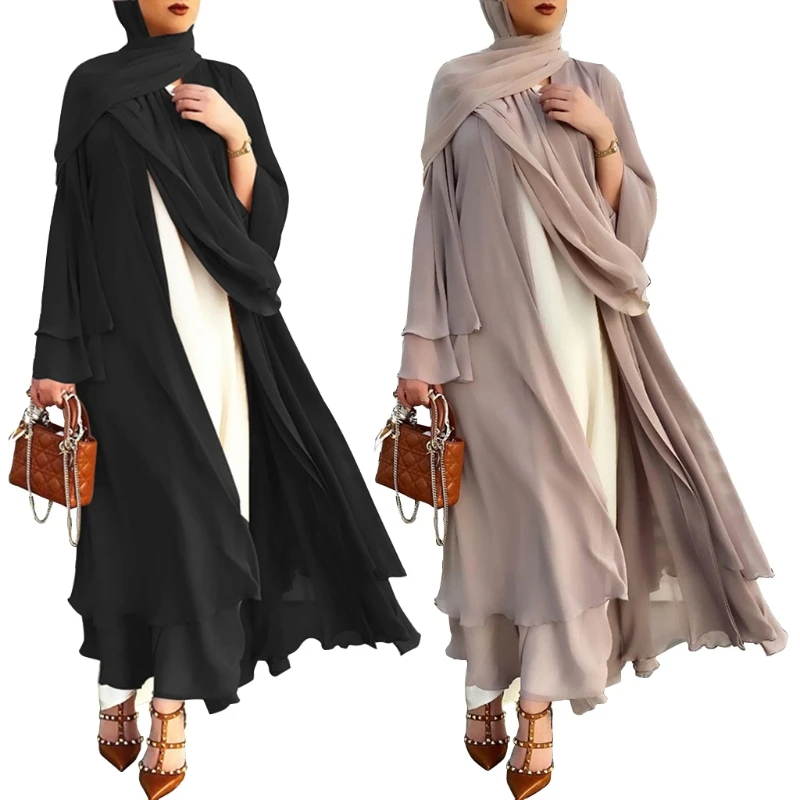 

Muslim Long Sleeve Flowy Maxi Cardigan Islamic Open Front Kimono Abaya Robe Turkey Kaftan Solid Color Belted Loose Dress