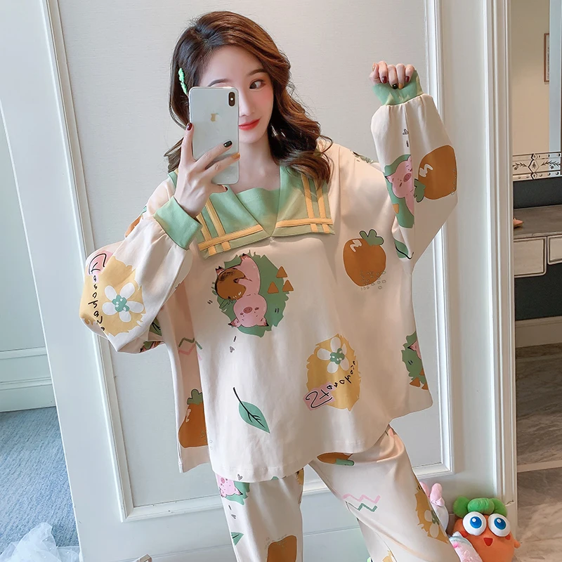 

100%Cotton Pyjamas Suit Women Pajamas Set Long Sleeve Sleepwear Cute Cartton Pijamas Female Mujer Homewear Nightsuit 2021 New