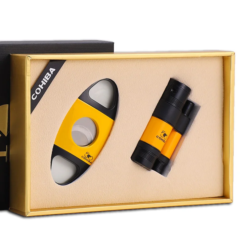 

Набор для зажигалки COHIBA, зажигалки для сигар с 3 ГОРЕЛКАМИ, металлический Гильотинный Резак для сигар из нержавеющей стали, острый портативн...