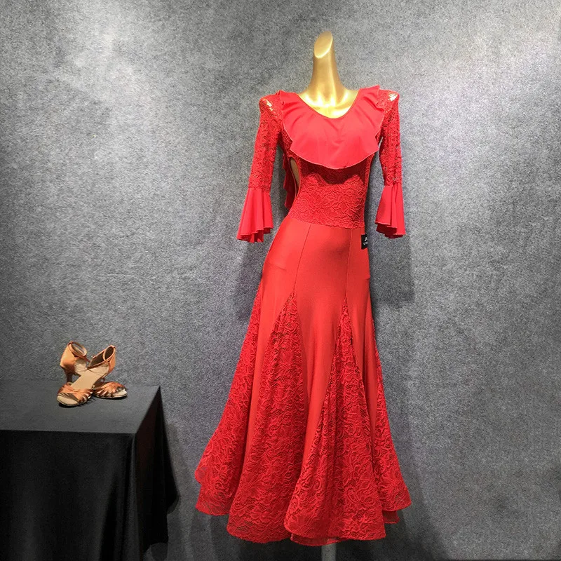 Женское платье для бальных танцев красное Венского вальса бальное с трико костюм