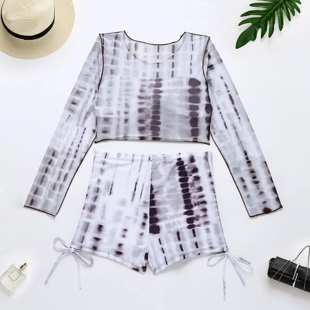 

New Print Swimsuit Tankini Sets Female Long Sleeve Swimwear Sports Beach Wear Two-Piece Bathing Suit Shorts Women Swimming Suits