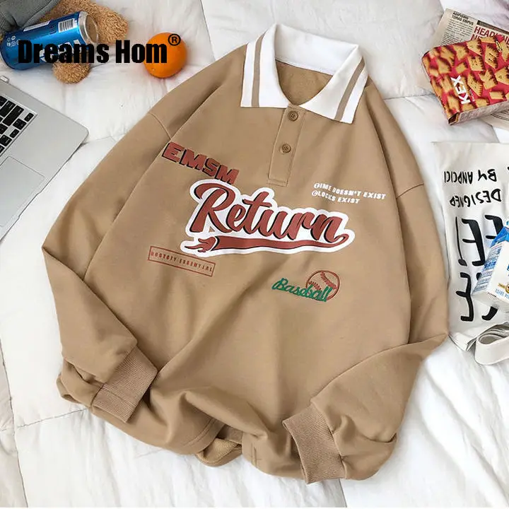 

Oversized Hoodies Polo Collar Letter Printed Sweatshirt Womens Street Autumn 2021 New Lapel Loose All-match Blouse Clothes 2021