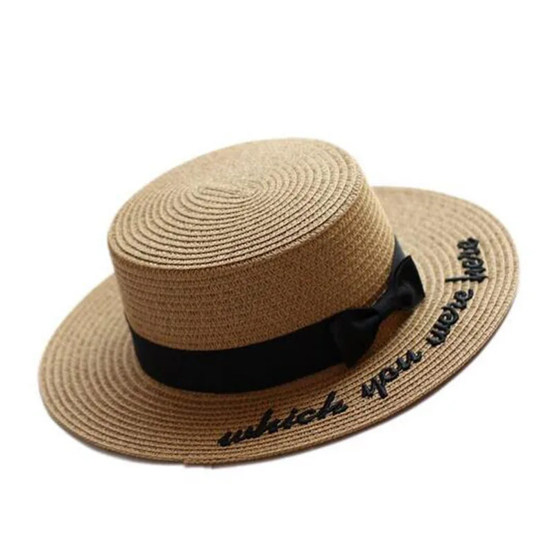 New Summer Sun Hats Women Fashion Girl Straw Hat Ribbon Bow Beach Casual Flat Top Panama Bone Feminino | Аксессуары для одежды