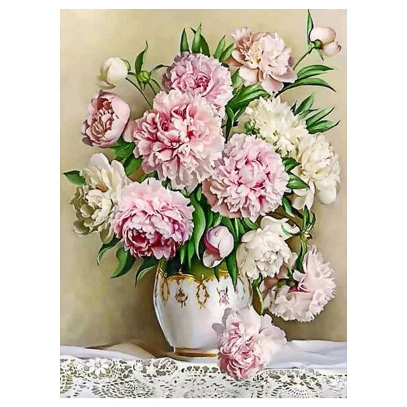 

5D Full Diamond Diamond Painting Flower Pink White Vase Foreign Trade Popular Style DIY Diamond Cross Stitch Diamond Paint Tool