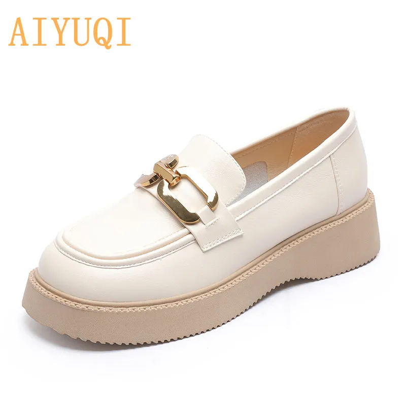 

Loafers Women Genuine Leather Spring New Thick-soled Horsebit Shoes Women Round Toe Wedges Slip-On Fashion Shoes Women