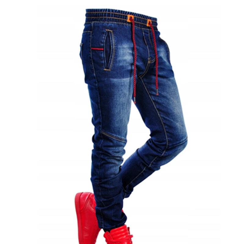 Men's New Large-Size Jeans Elasticize Waist Tie Slim Casual Classic Blue Waist Stretch Joinable Fashion Simple Jeans Pants
