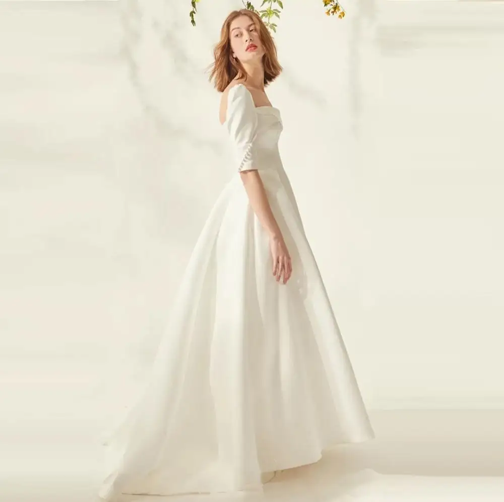 

Women's wedding dress lace embroidery O neck long sleeve plus size bridal Muslim wedding gown with tran