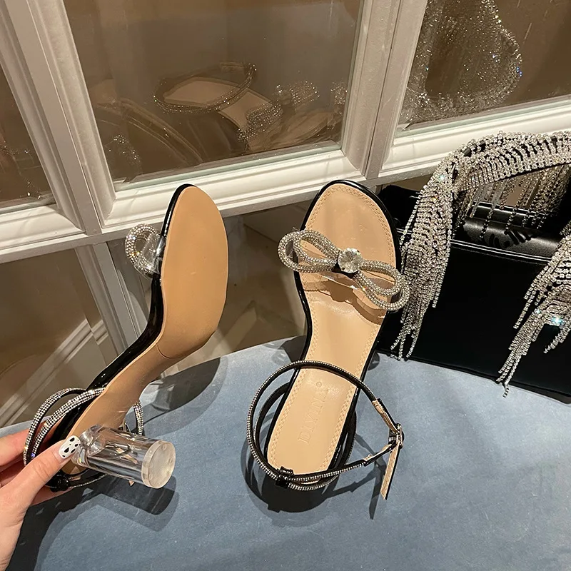 

Round head Rhinestone bow sandals with thick heel and one line crystal heel women's shoes Korean buckle fairy style