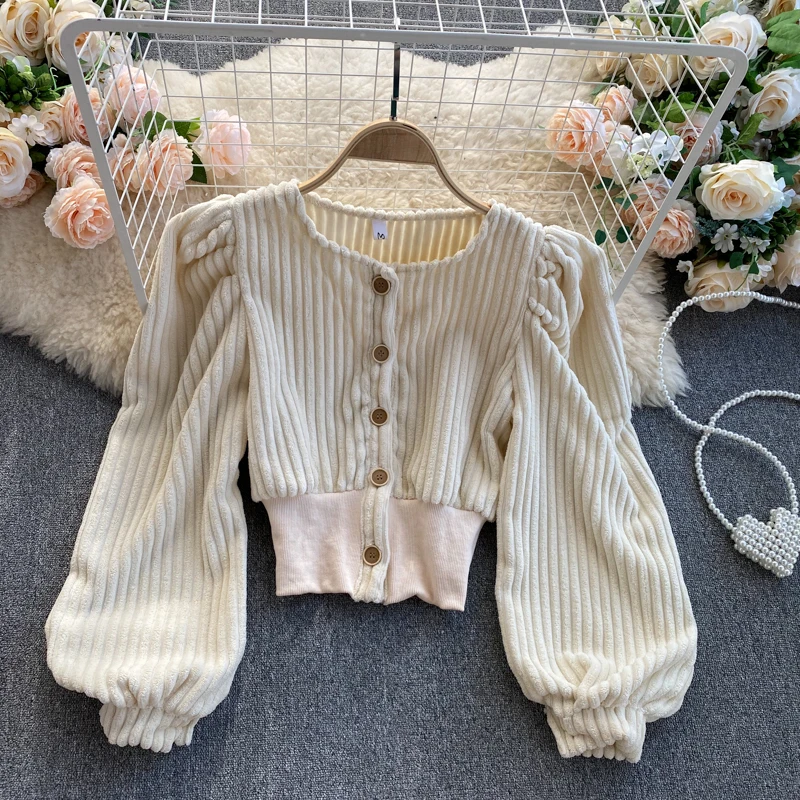 

New Autumn Winter Women Corduroy Blouse Vintage Round Neck Single Breasted Long Puff Sleeve Short Shirt Female Fashion Tops