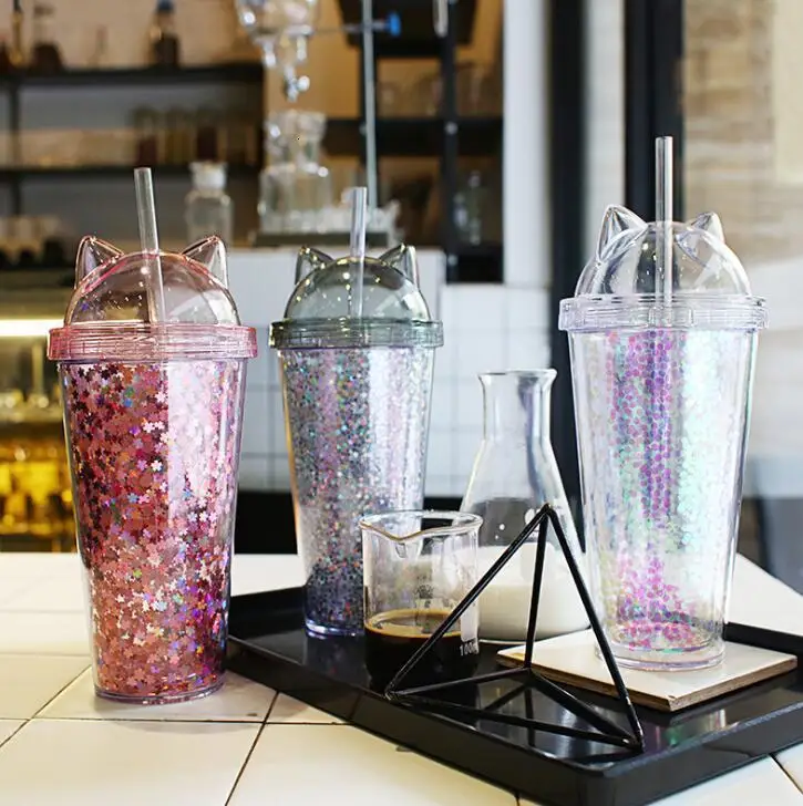 Креативная пластиковая бутылка для воды без БФА с соломинкой и кошачьими ушками