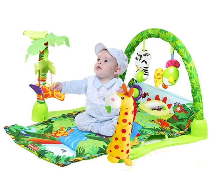 

[Funny] 100% Safe Delicate Music Sound Farm Animal giraffe Baby Playing Mat Carpet activity forest Play mat Gym Toy game mat