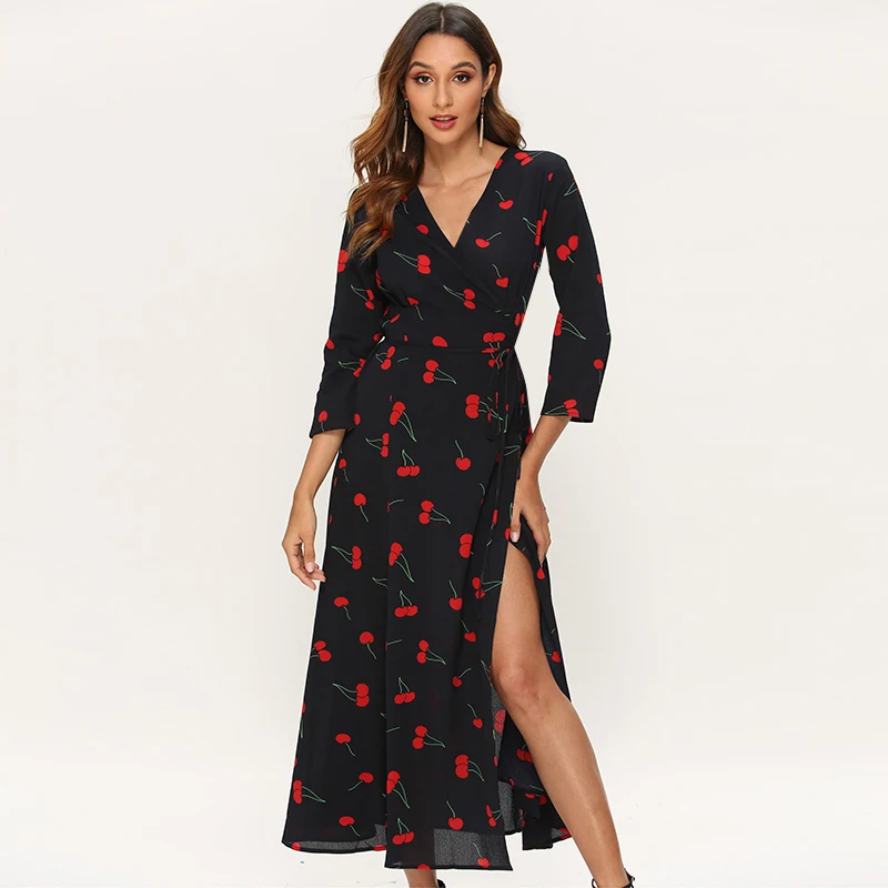 Женское винтажное платье с принтом вишни RANLEGE Повседневное v-образным вырезом и