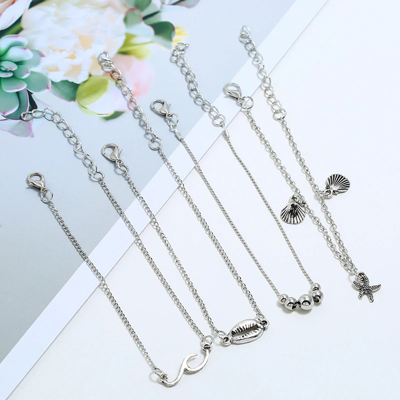 4 Pcs/set Simple Personality Bead Shell Pendant Silver Chain Alloy Multi-layer Anklet For Women Beach | Украшения и аксессуары