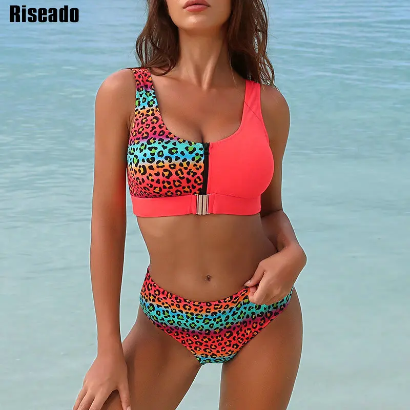 Riseado Sexy Bikini Set Leopard Swimwear Women 2021 Patchwork Swimsuits Push Up Biquini Printed Bikinis Buckle Front Beach Wear