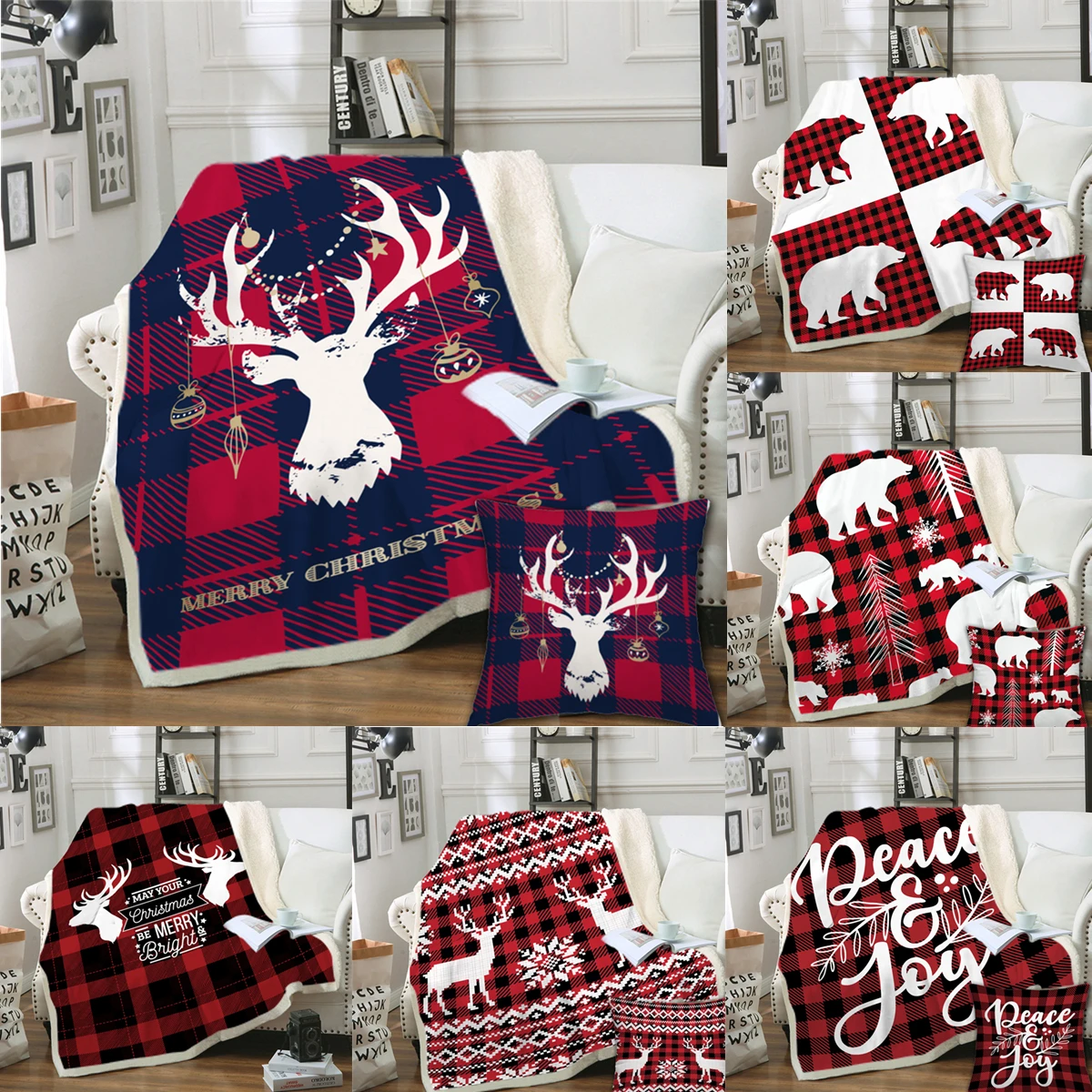 

Hot Sale Christmas Elk Red And Black Plaid Letter Printed Blanket Soft Coral Fleece Thicken Warm Nap Bedding Winter Home Decor