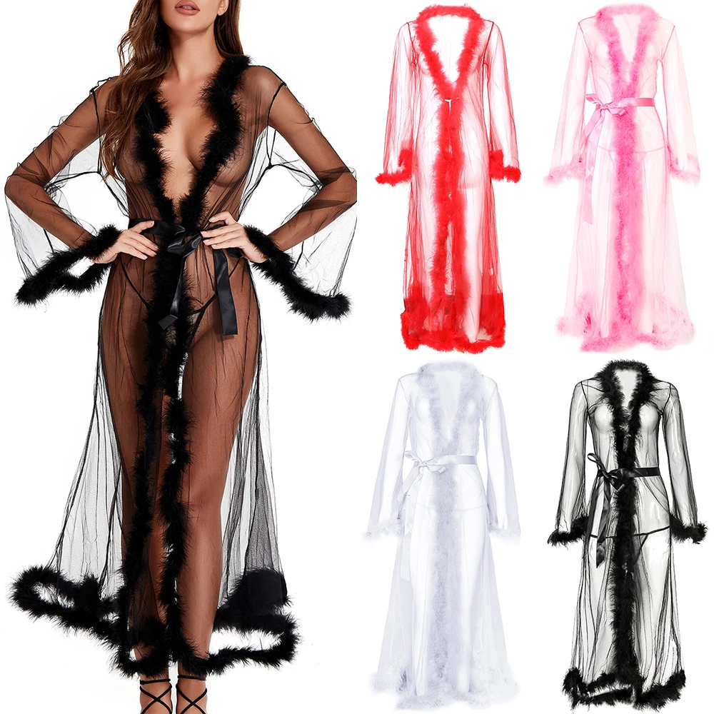 

Lace Lingerie Nightdress Sexy Ladies See Through Long Tulle Dress with G-String