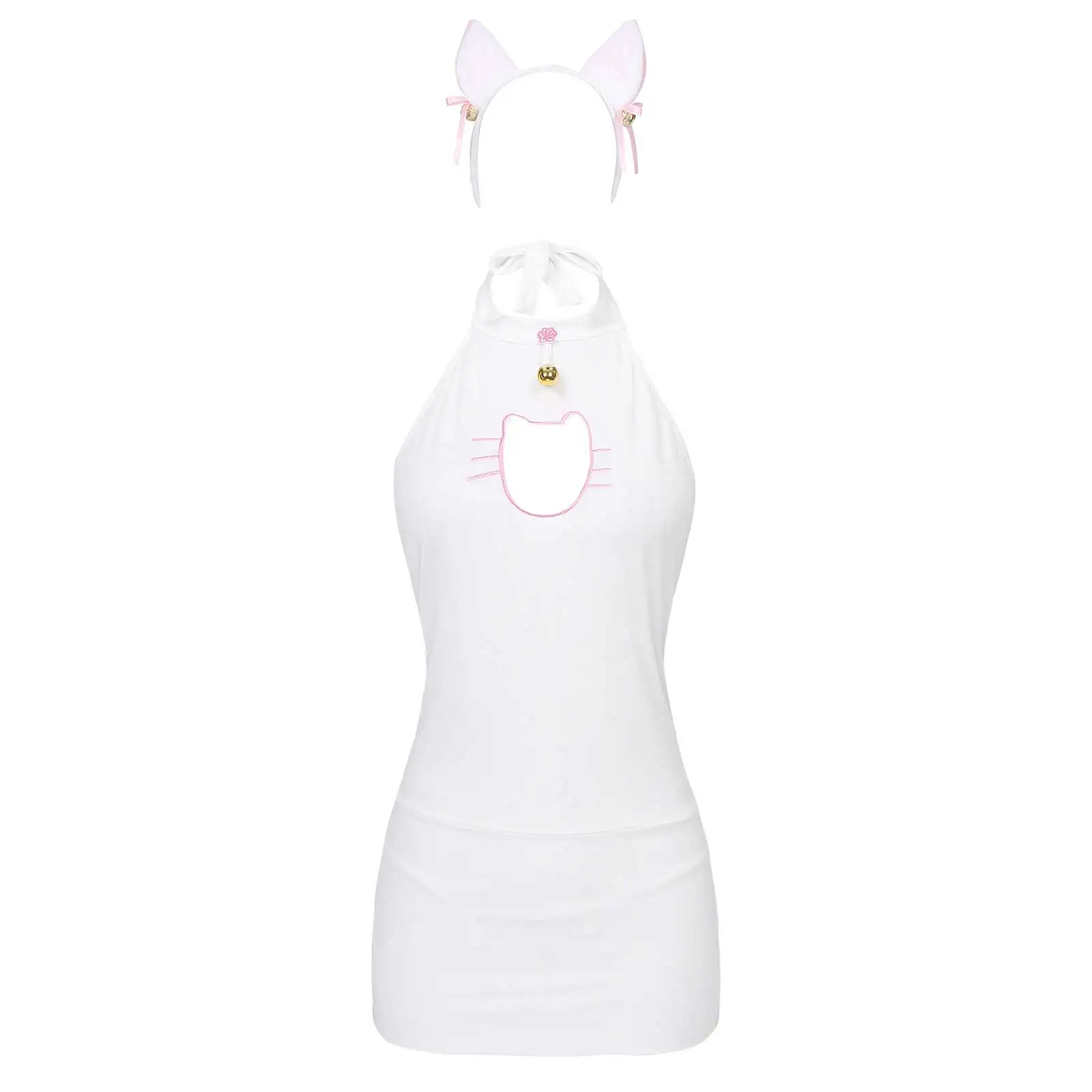 

Women Lingerie Cosplay Costume Role Play Games Clothing Halter Neck Hollow Out Bell Dress with G-String Cat Ear Headband Tail