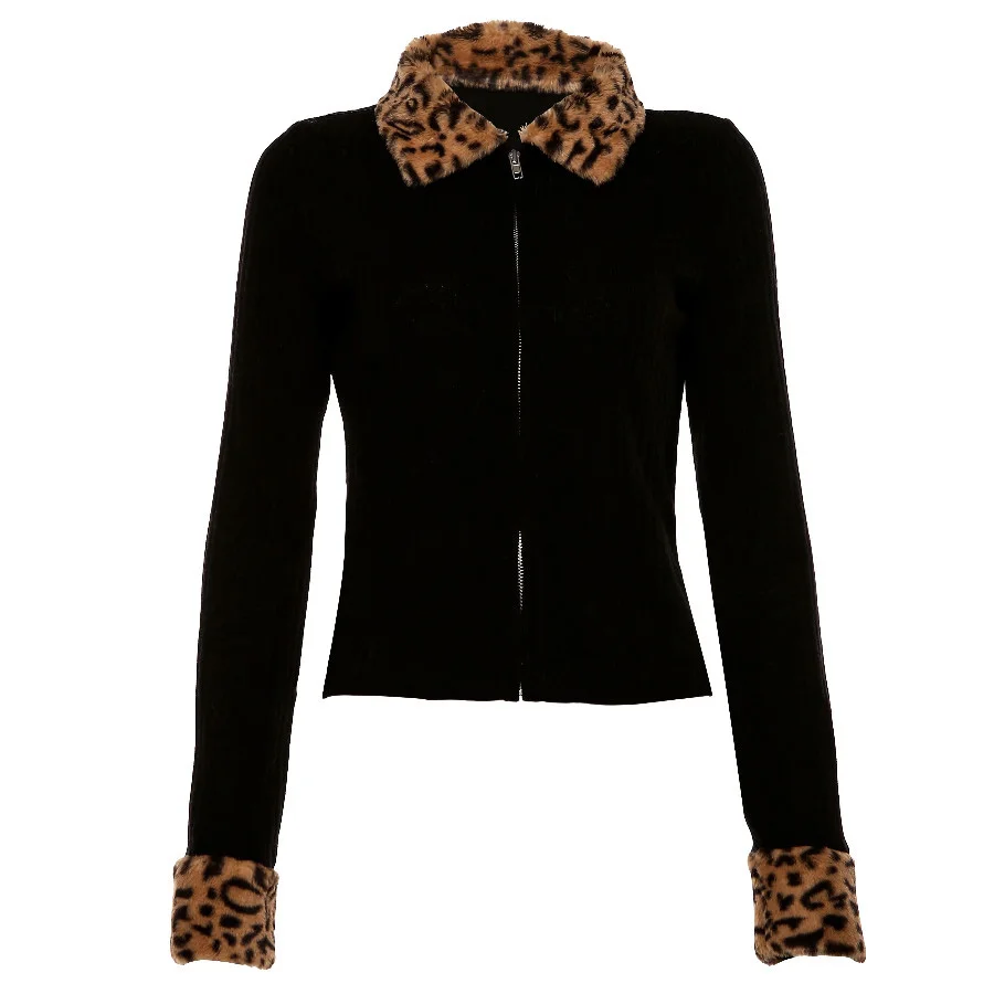 

2021 Autumn Winter Zipper Leopard Women Jackets Female Sweater Coat New Black Turndown Collar Long Sleeve Outerwear Hot Sale