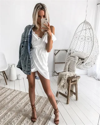 

Summer New Women's Solid Lace Suspender Sexy Dress V-neck Off Shoulder Lace Irregular Mini Lady Dress