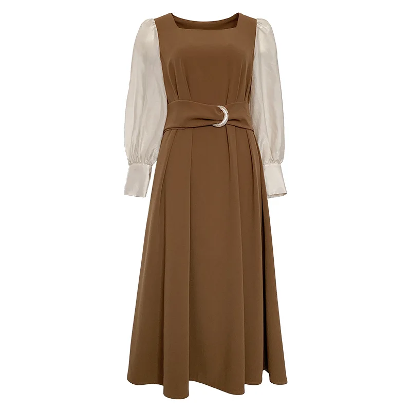 

High Quality Long Dress Women 2021 Spring New French Style Square Puff Sleeve Chiffon Pacthwork Vintage Temperament Clothes