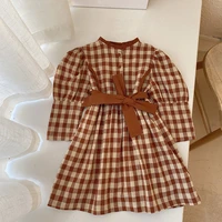 girls coffee color plaid tie belt dress girls autumn clothes toddler girl fall clothes korean baby clothes kids dresses for