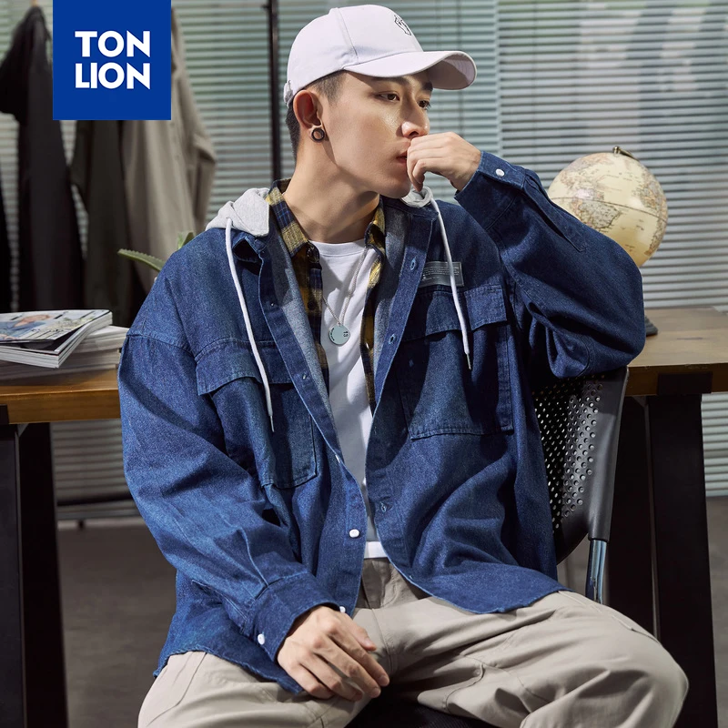 Мужская джинсовая рубашка TONLION свободная со съемным капюшоном для подростков