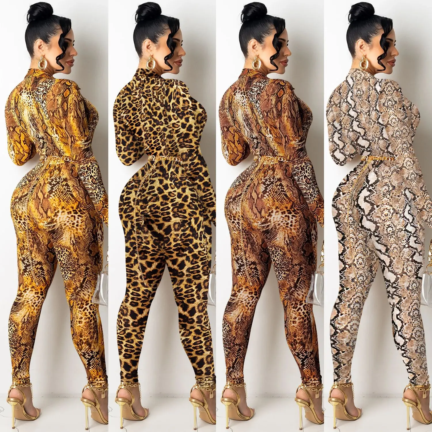 

Casaul Women Leopard Snake Print Two Piece Set Jacket Coat and Long Pants Streetwear Matching Set For Women Outfit