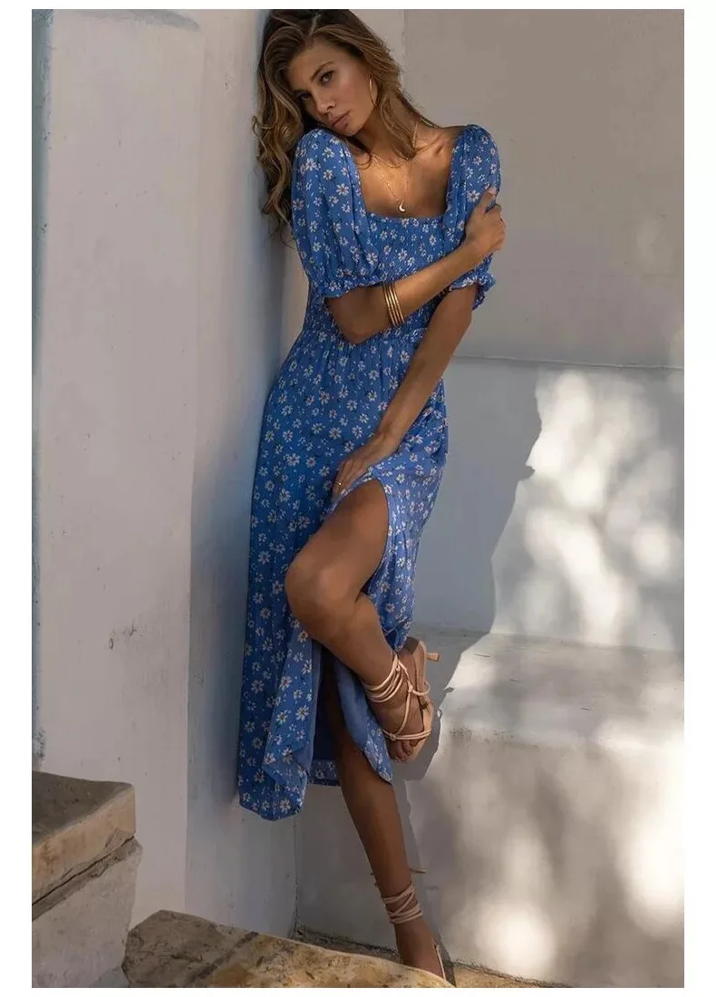 

Женский сарафан с открытой спиной, Элегантное синее платье с цветочным принтом и разрезом, Пляжное Платье для вечеринки, лето 2021
