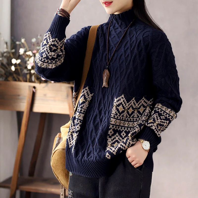 

2021 New Retro Artistic Diamond Lattice Patchwork Turtleneck Sweater Women's Winter Thick Loose Idle Style Knitted Top