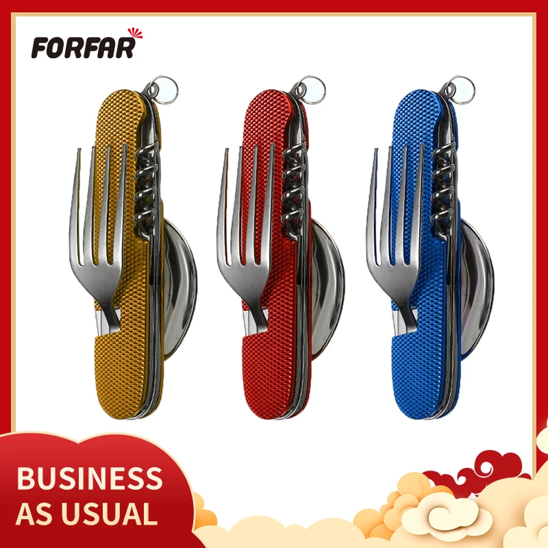

6 in1 Outdoor Tableware Stainless Steel Fork Knife Spoon Bottle Opener Stainless Steel Folding Pocket Kits for Survival Travel