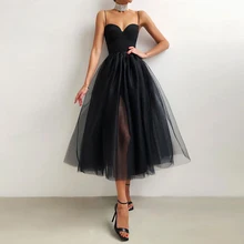 Preto querida vestidos de noite para senhoras festa sem mangas uma linha com tule fofo 2022 chá comprimento robe de soirée femme (1)