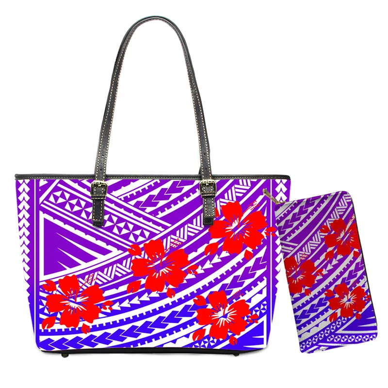 

Hawaiian Hibiscus Print Tribal Nation PU Handbags Women Large Capacity Tote Shoulder Bag Lady Top-handle Bag Leather Wallet Set