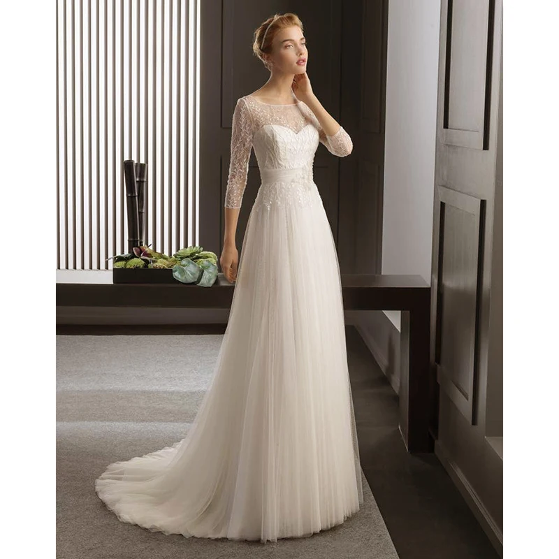Женское свадебное платье с длинным рукавом кружевное круглым вырезом