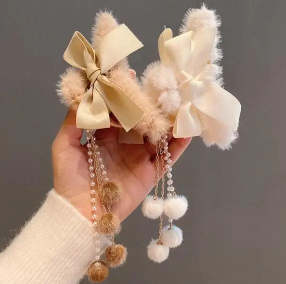 

Plush bow tassel hairpin back head catch clip women hairpin 2021 new autumn and winter clip headdress
