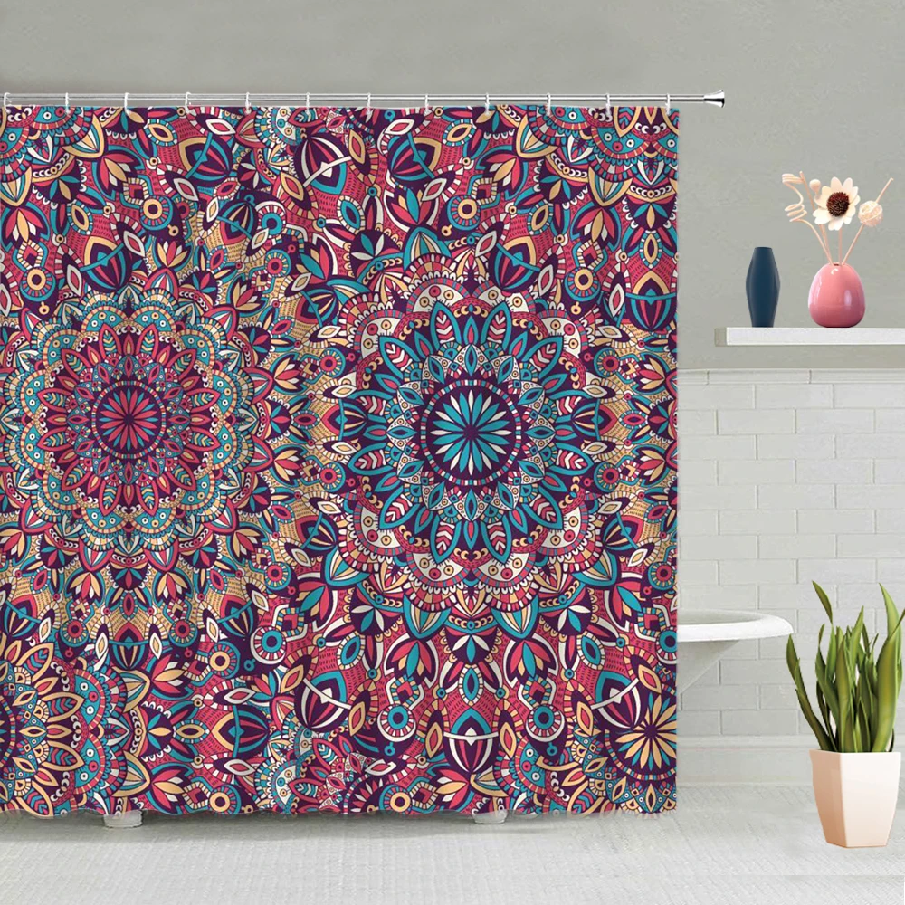 

Mandala Flower Shower Curtain Geometric Bohemian Retro Plant Art Stripe Cozy Bathroom Waterproof Wall Hanging Home Decor Set