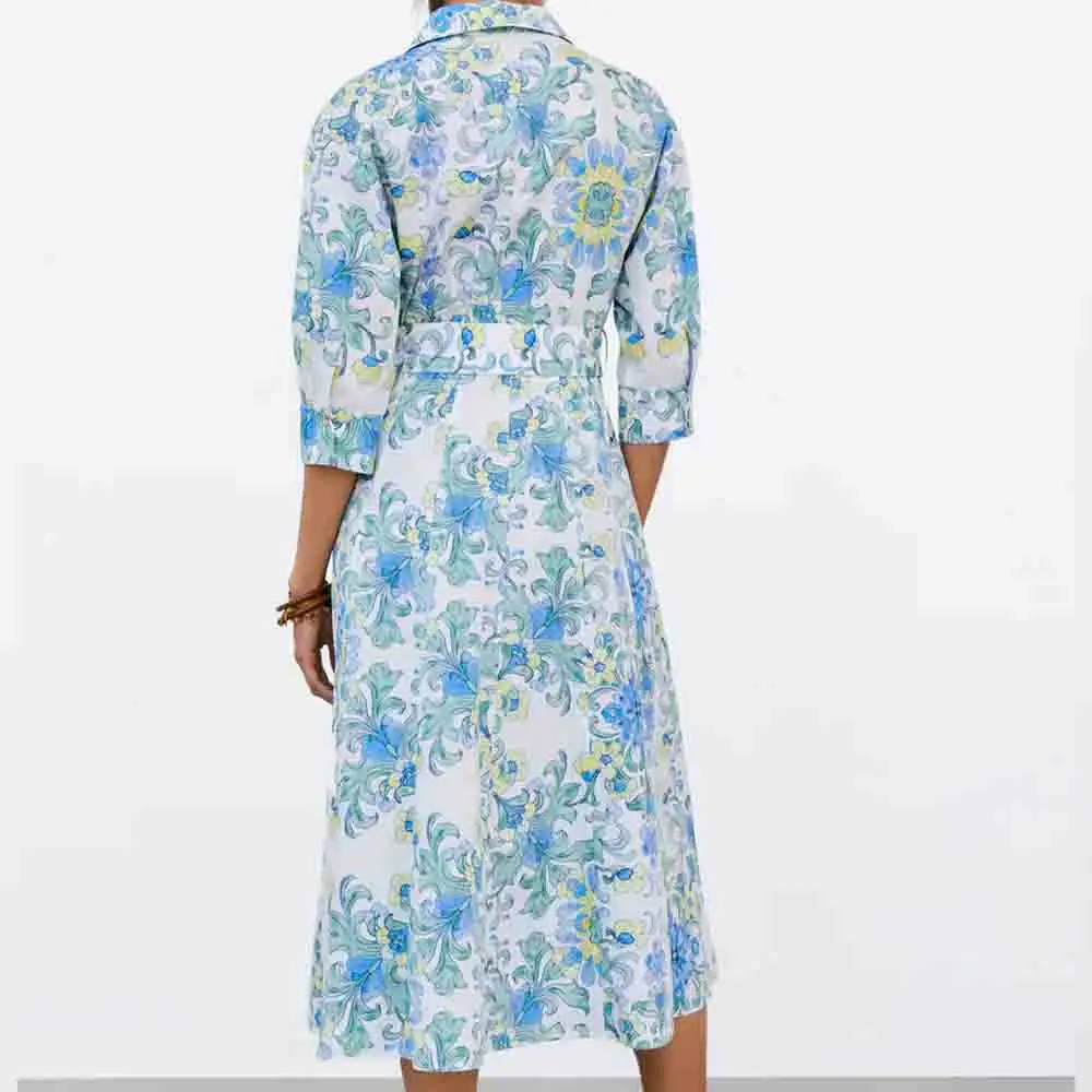 

DiYiG WOMAN 2021 summer new youth women's clothing refreshing blue printed mid-length belt dress ZA