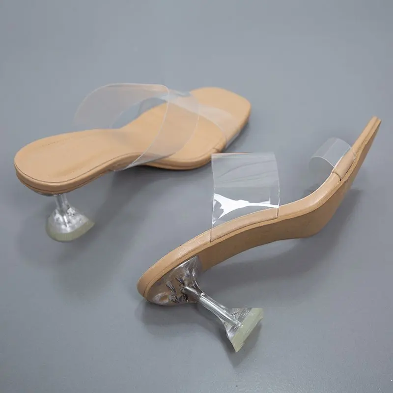 

Women Beautiful Kitten High Heeled 8CM Transport Clear PVC Slippers Open Square Toe Mules Talons Summer Shoes Elegant Chaussure