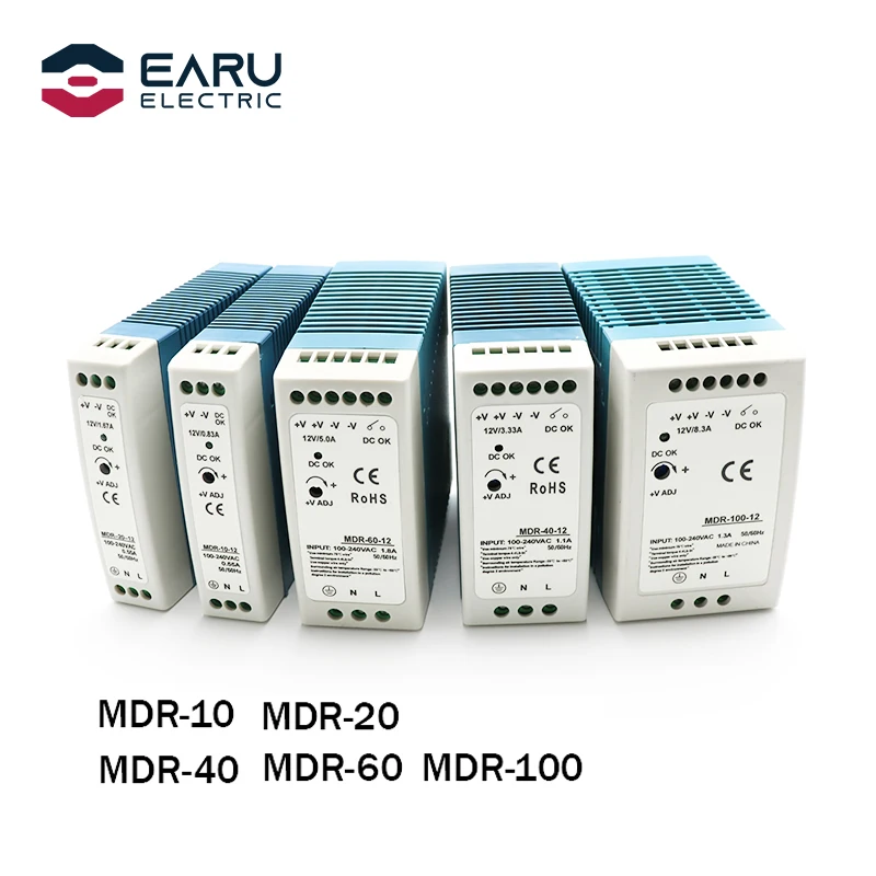 AC100-240V Input Mini Din Rail Switch Power Supply Voltage Transformer MDR-10W 20W 40W 60W 100W DC 5V 12V 15V 24V 36V 48V Output